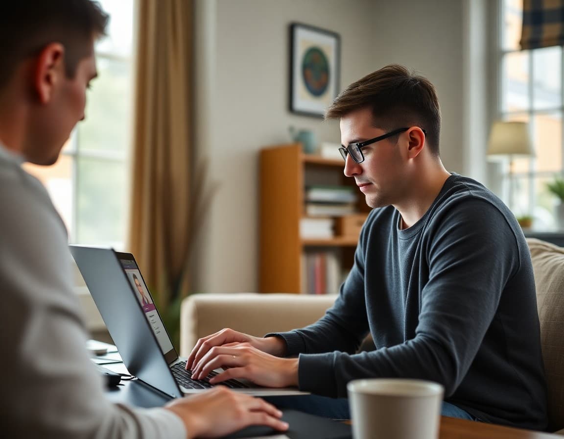 Alumni updating their profile in the online school directory on laptop computer at home