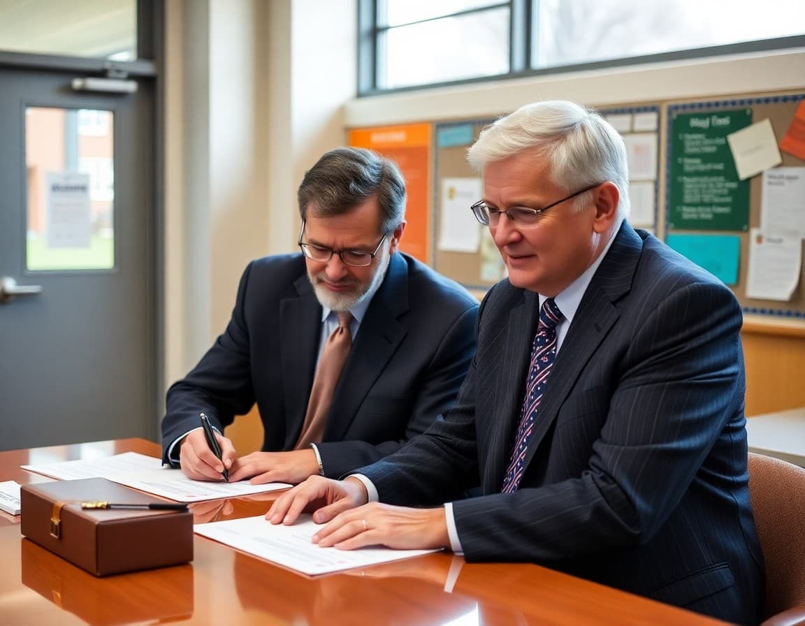 Alumni donor signing endowment gift paperwork with school foundation director at desk