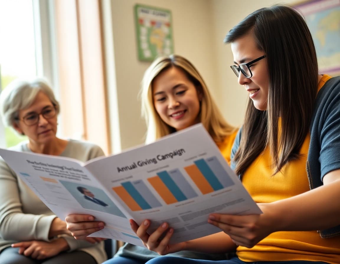School alumni reviewing annual giving campaign impact report showing student scholarships funded