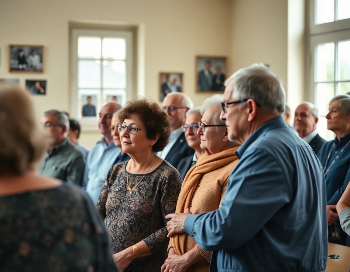 Alumni generations gathered together at school anniversary ceremony with historical photos displayed