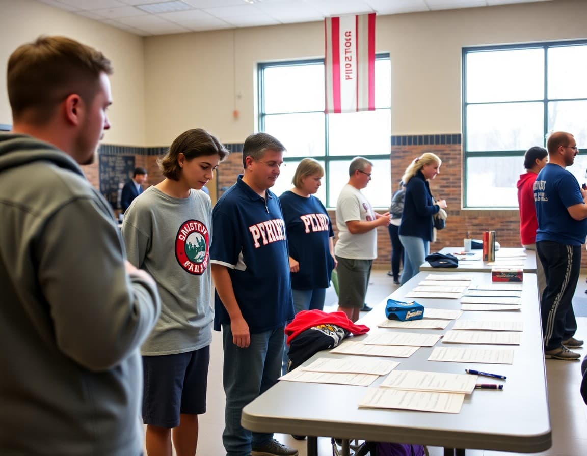 Booster club table with spirit wear and sign-up sheets at a fall athletics kickoff event