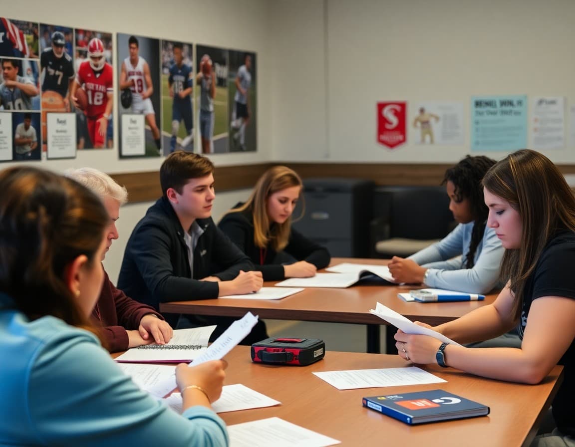 Booster club scholarship committee reviewing applications at a table with sports photos on the wall