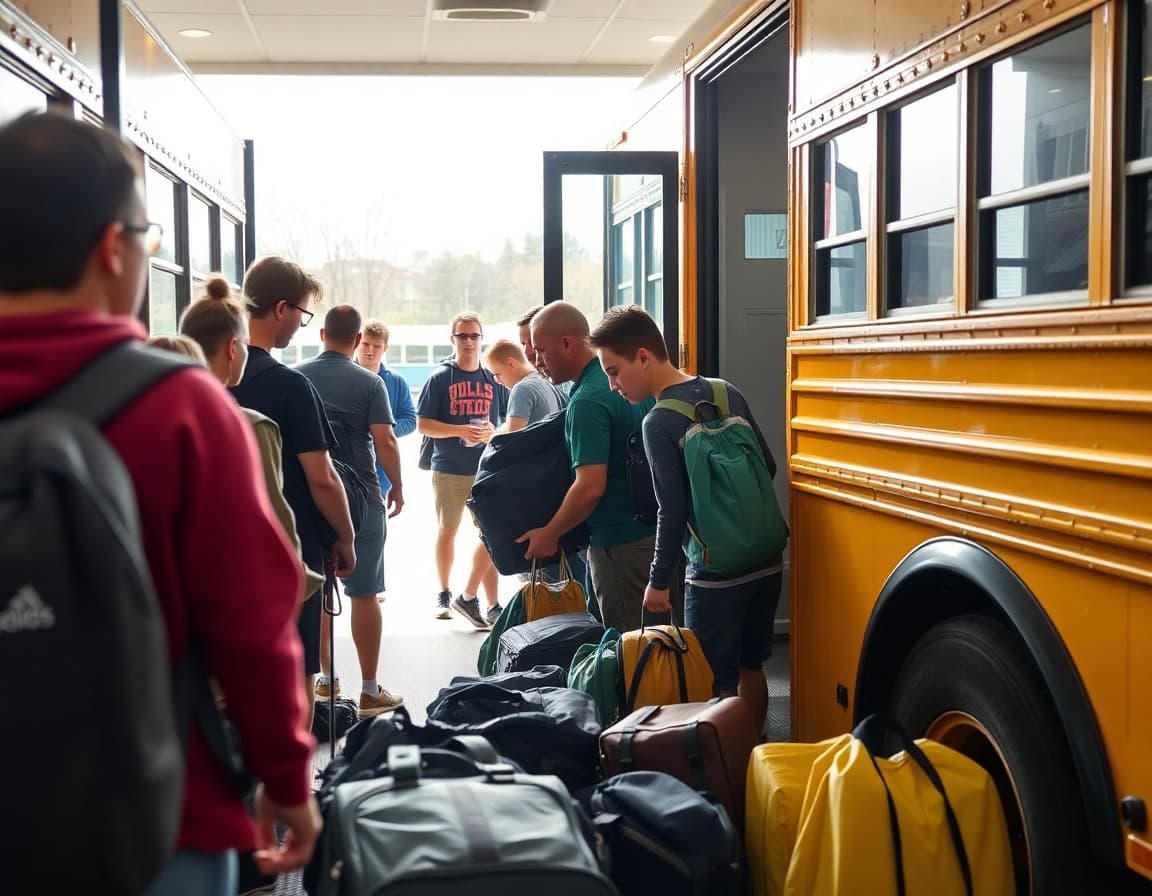 Student athletes loading gear onto bus for away tournament trip with parent volunteers