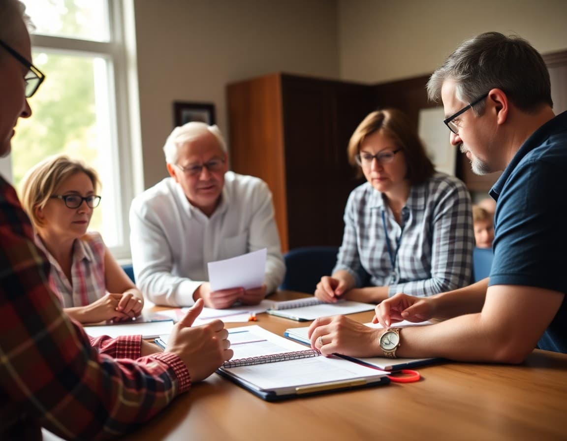 Alumni reunion planning checklist on table with committee members reviewing logistics details