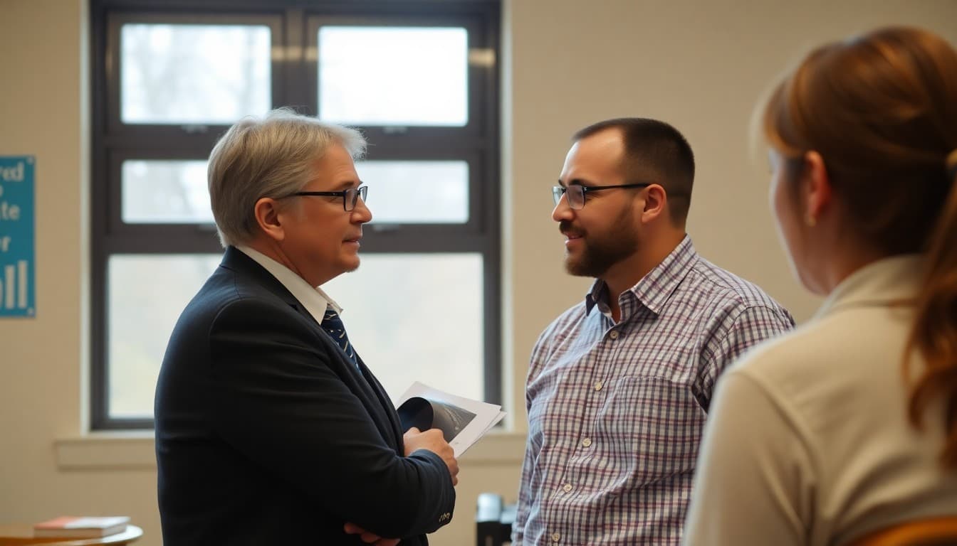 School administrator interviewing an alumnus for a school newsletter spotlight feature