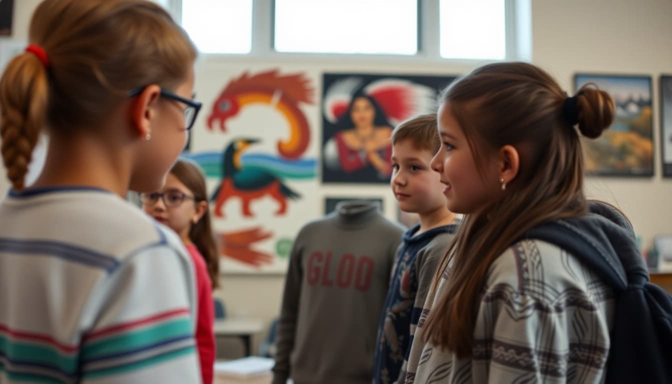 Alaska school students engaged in arts program with Alaska Native art display