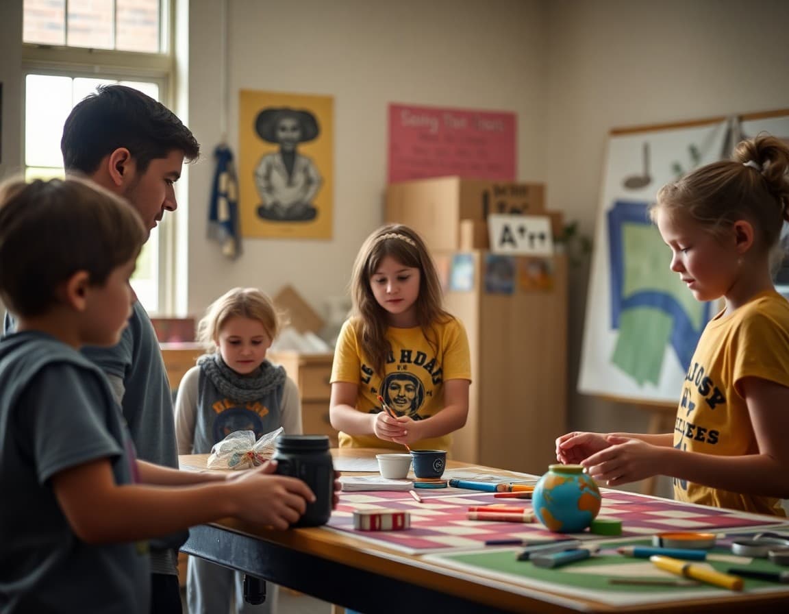 Art teacher and students working on visual arts project in Alabama school classroom