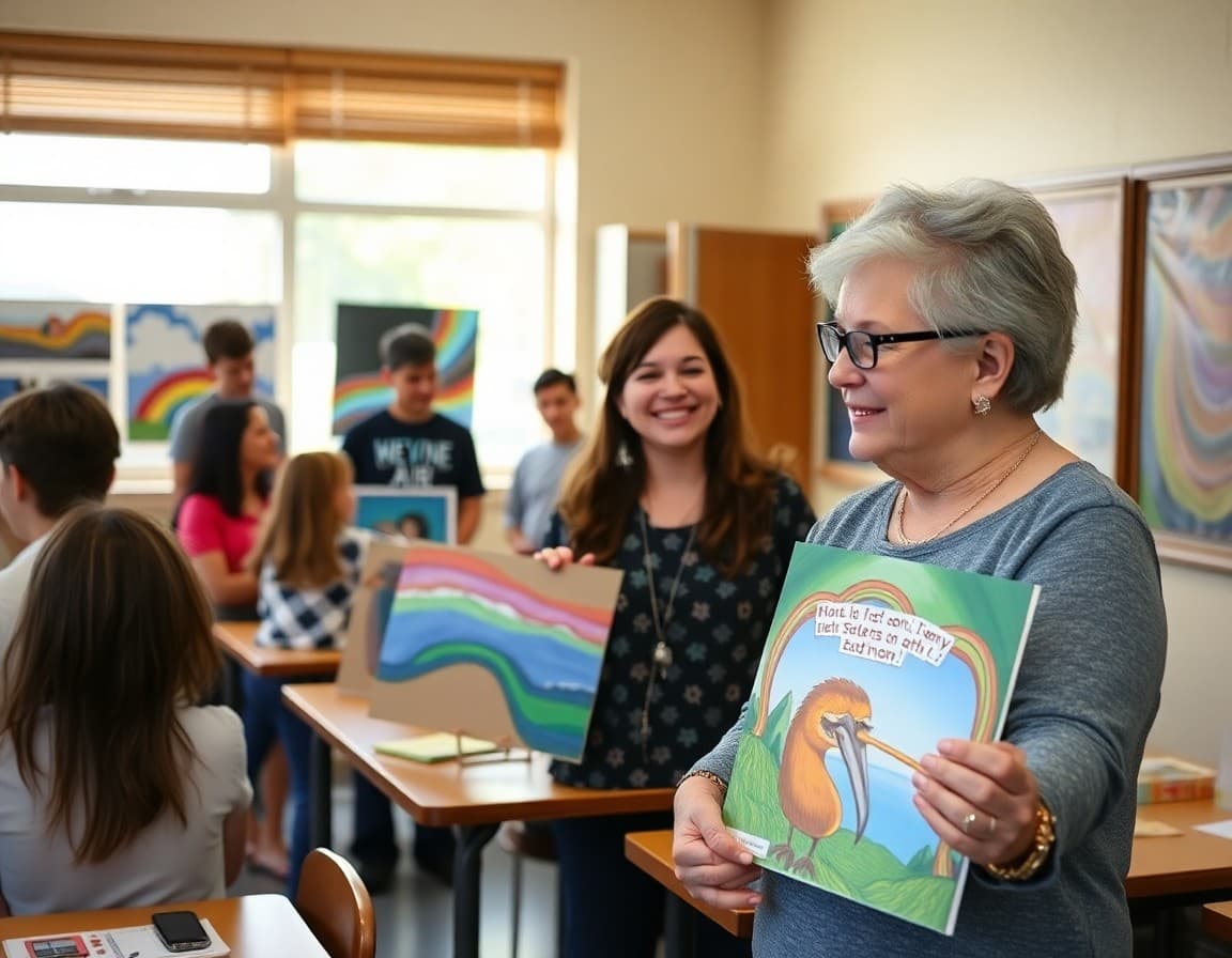 Art teacher celebrating student work during National Arts Month with class gallery