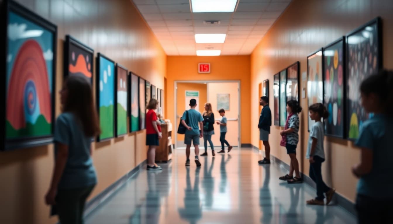 Student artwork displayed in school hallway during National Arts Month in April