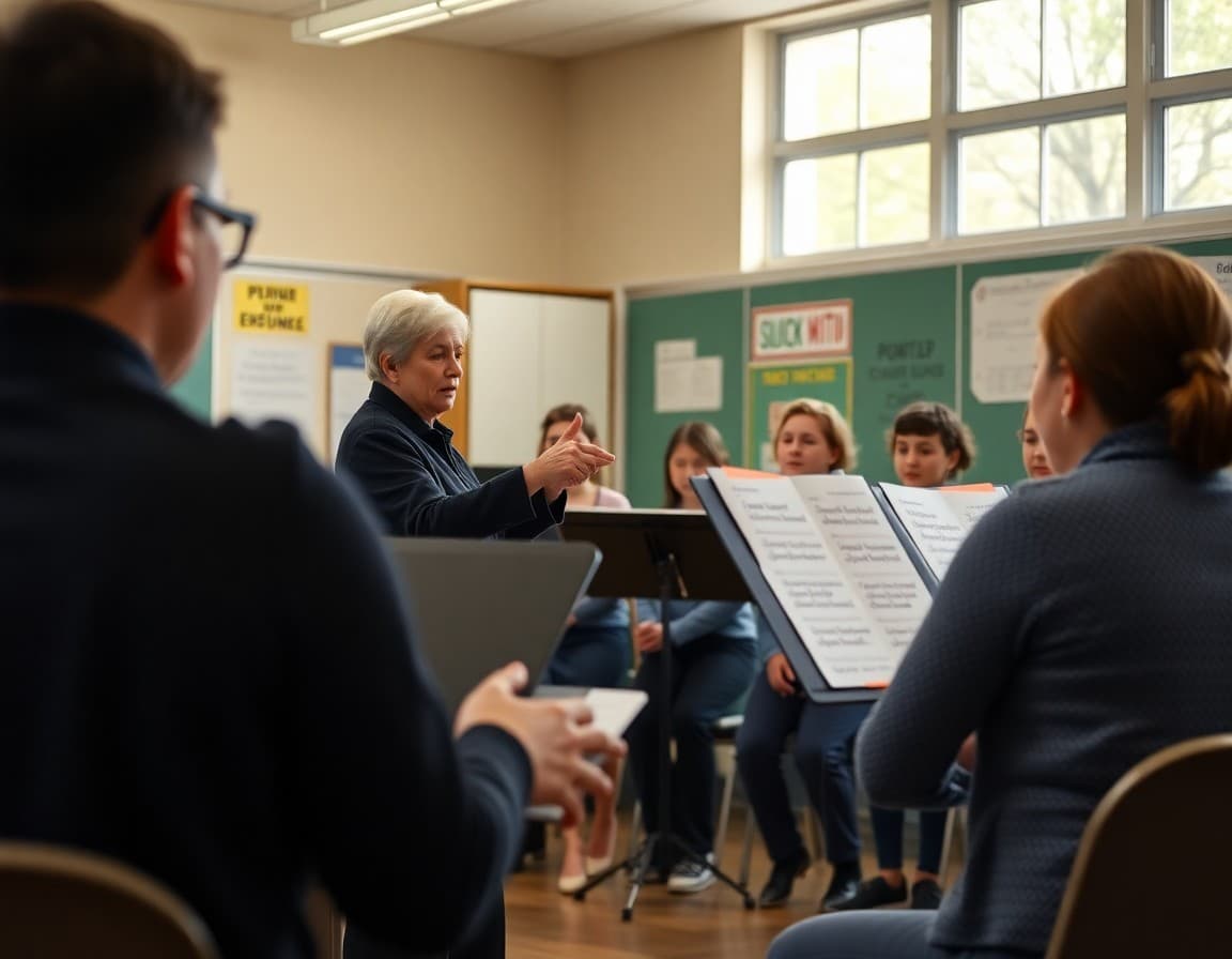 Music teacher conducting final spring concert rehearsal with ensemble in April