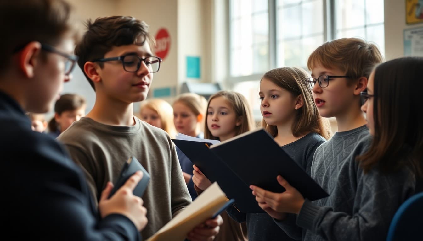 Students in final April rehearsal preparing for spring concert performance