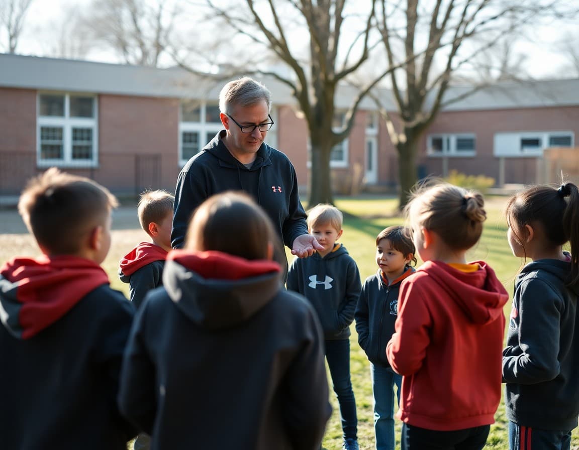 PE teacher leading cooperative outdoor activity with students in April