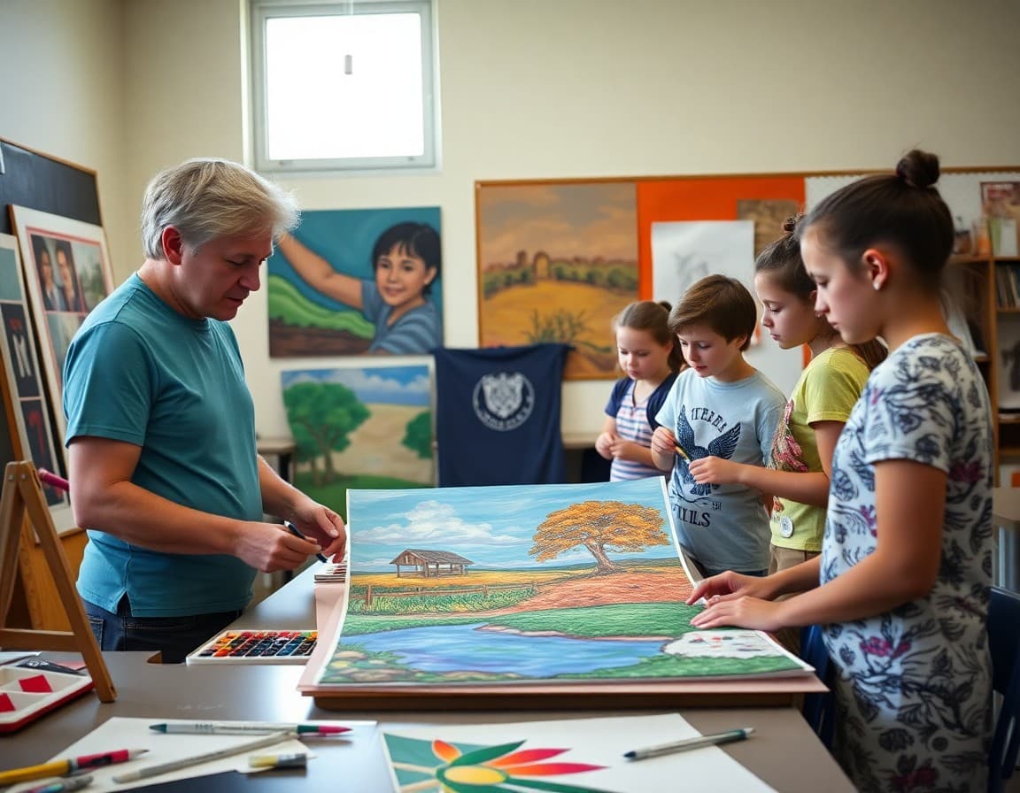 Art teacher and students working on southern heritage arts project in Arkansas school classroom