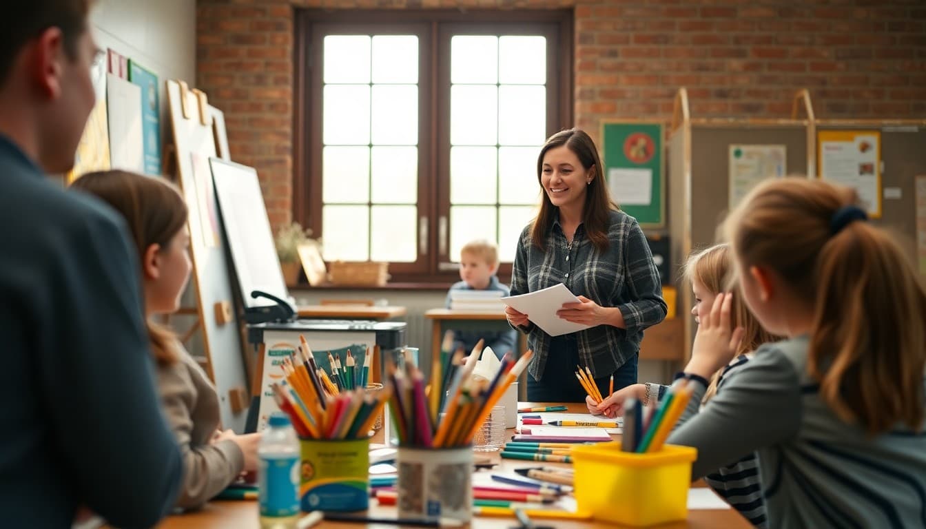 Art teacher welcoming students to first class of year with art supplies ready