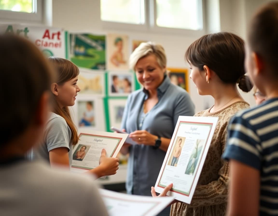 Art teacher presenting portfolio certificates to students at year-end ceremony