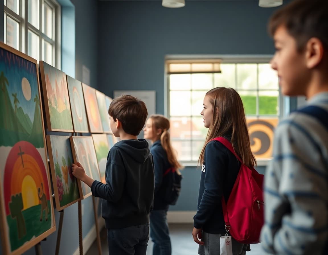 Students displaying artwork at school arts advocacy event for community support