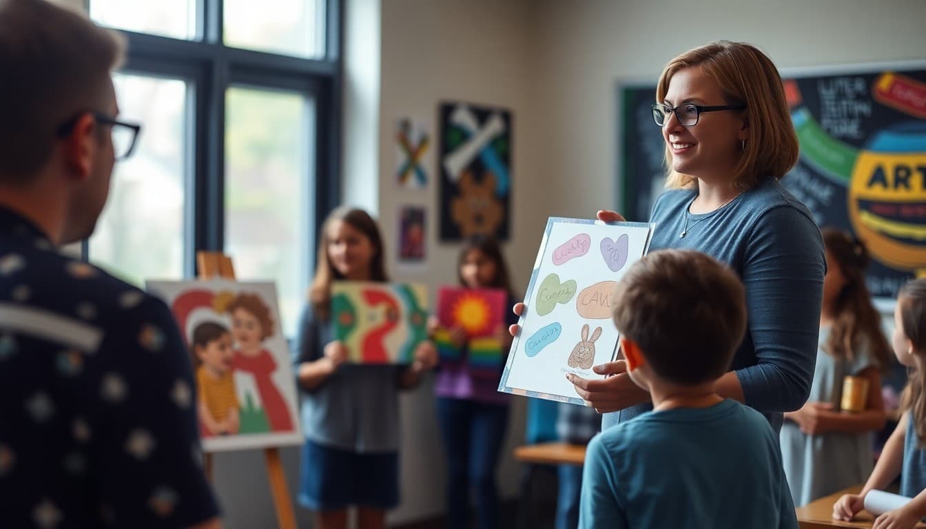 Art teacher presenting student artwork to school board to advocate for arts funding