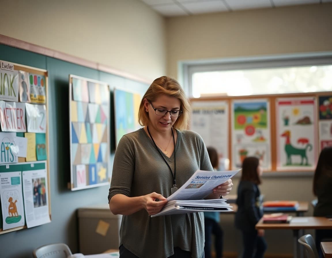 Teacher organizing arts school back to school newsletter materials near student artwork displays