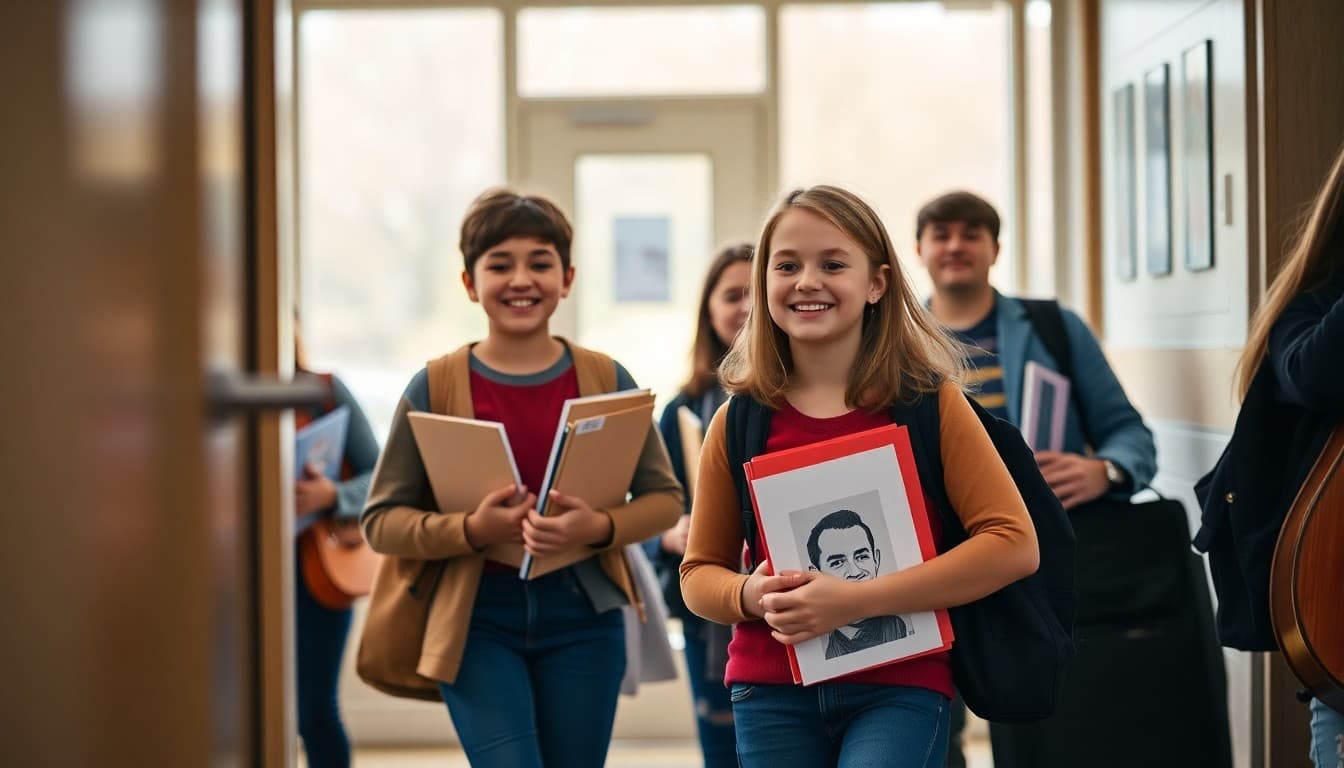 Arts school students arriving excited on the first day of school with art portfolios and instrument cases