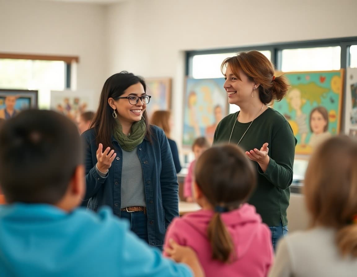 Teacher welcoming families to an arts school open house with student artwork visible behind them