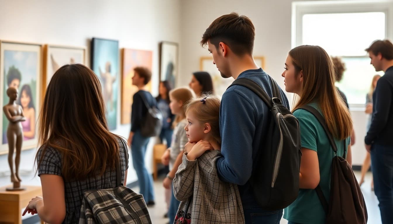 Arts school families attending an open house with student paintings and sculptures on display