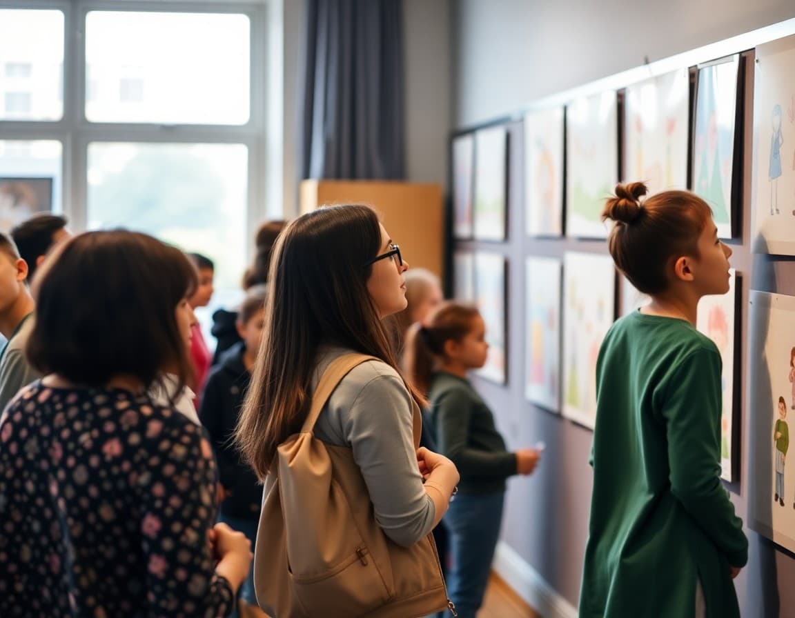 Parents engaging with student artwork displays during an arts school community engagement evening