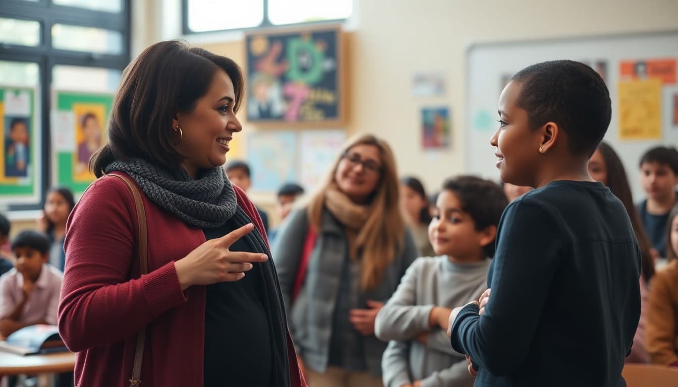 Arts school teacher and diverse parents discussing student performances and artwork at a school event