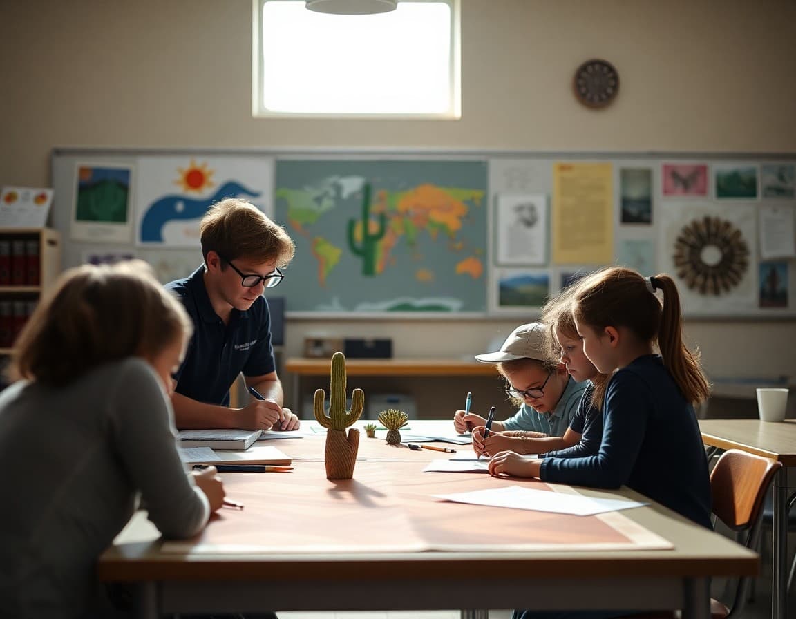 Art teacher and students working on desert Southwest arts project in Arizona school classroom