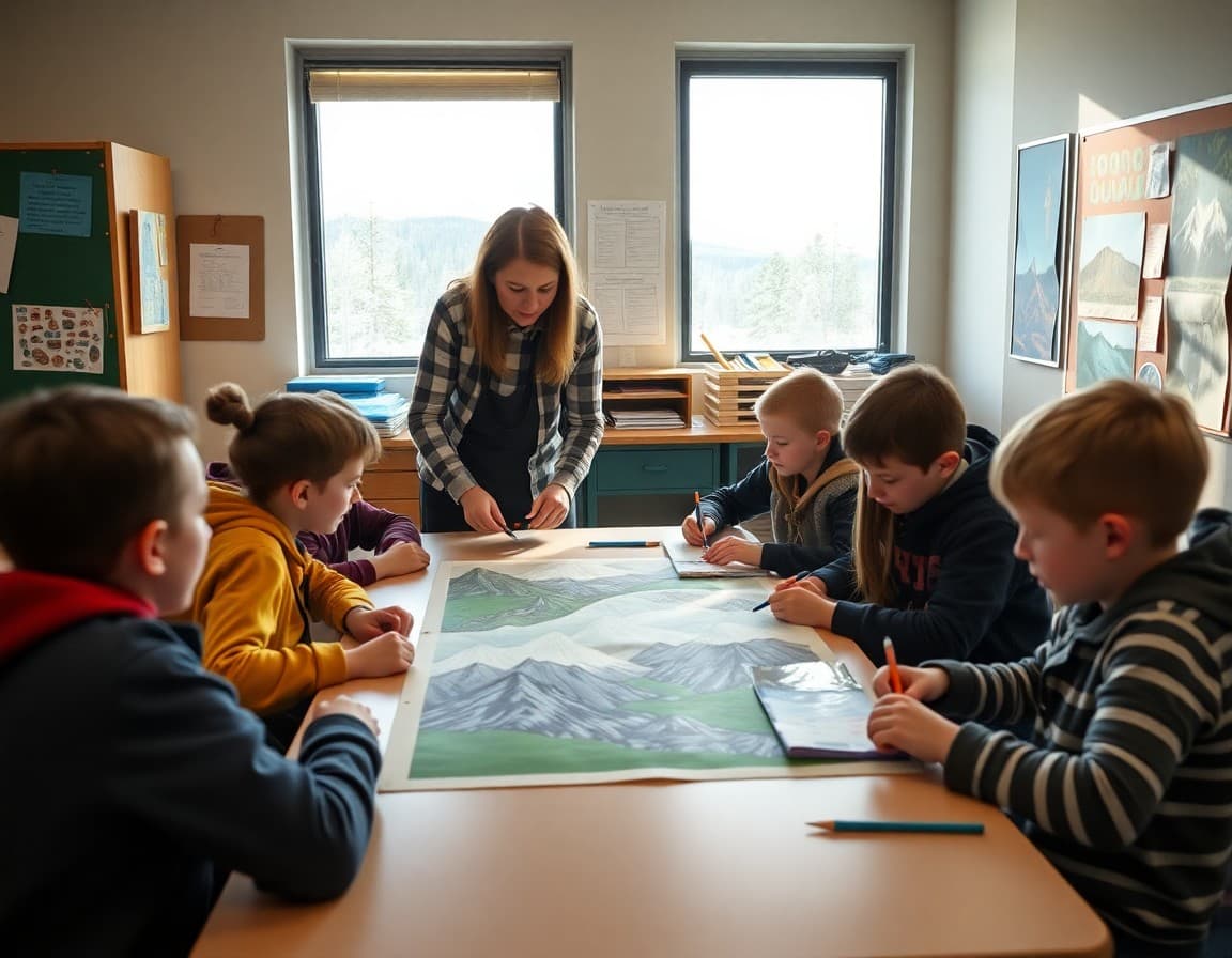 Art teacher and students working on mountain and outdoor arts project in Colorado school classroom