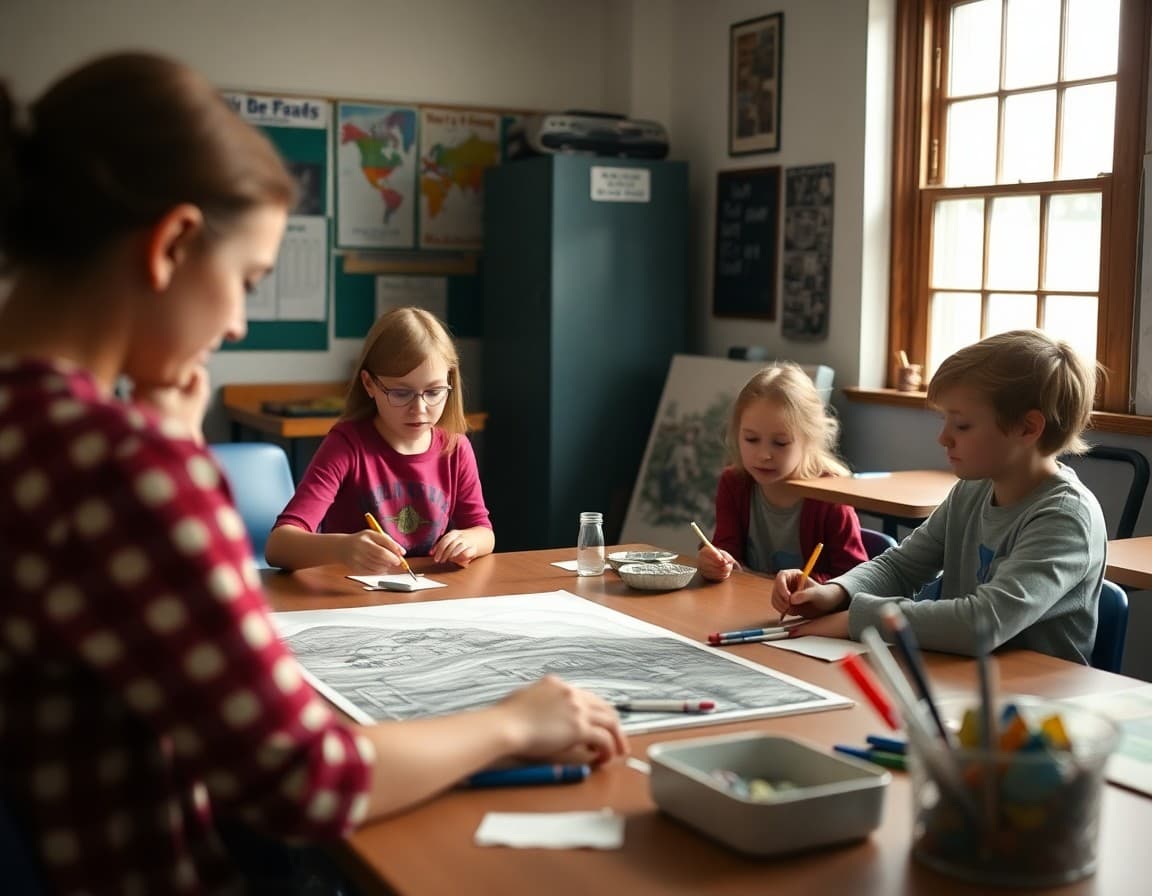 Art teacher and students working on New England historical arts project in Connecticut school classroom