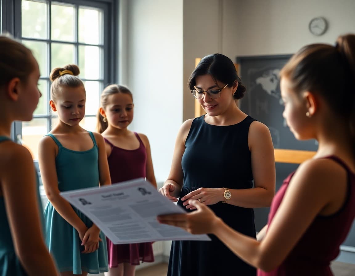 Dance teacher reviewing recital program with students before performance night