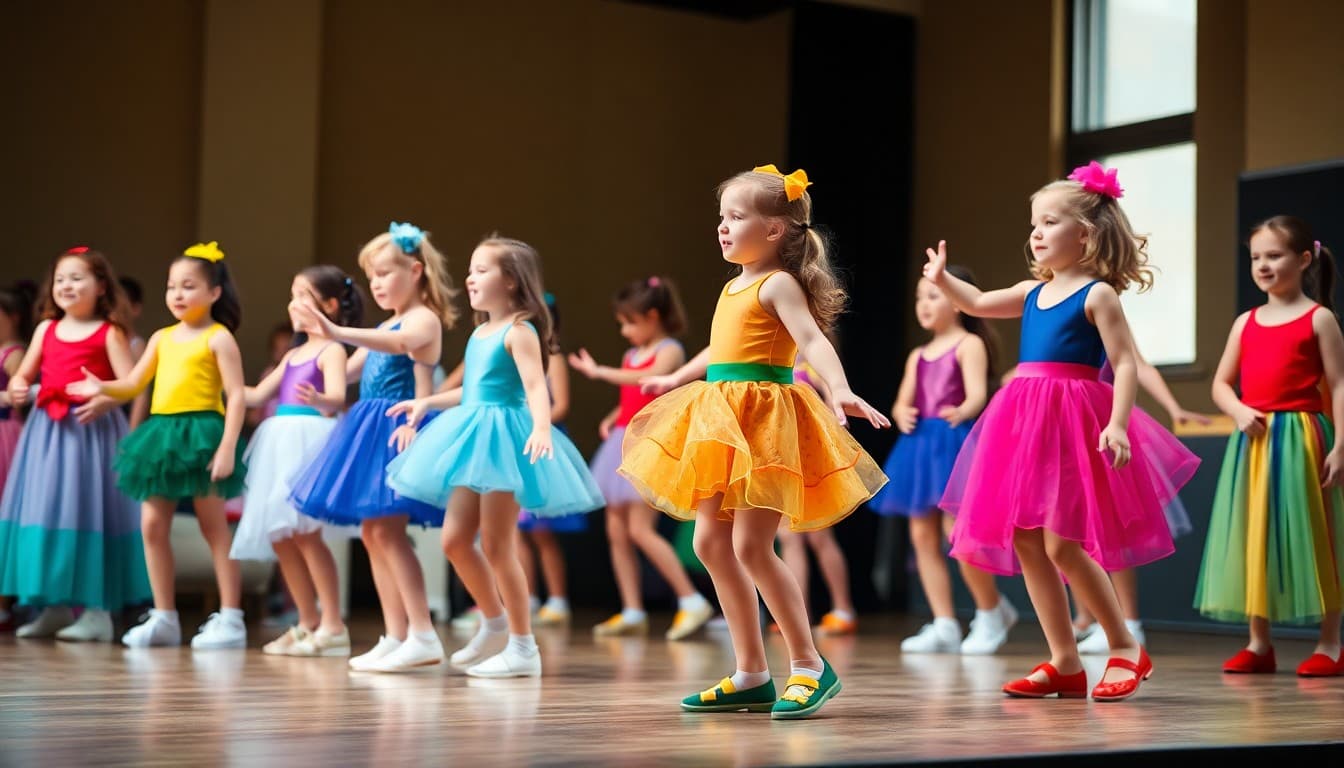 Young dancers in colorful costumes performing on stage at school dance recital