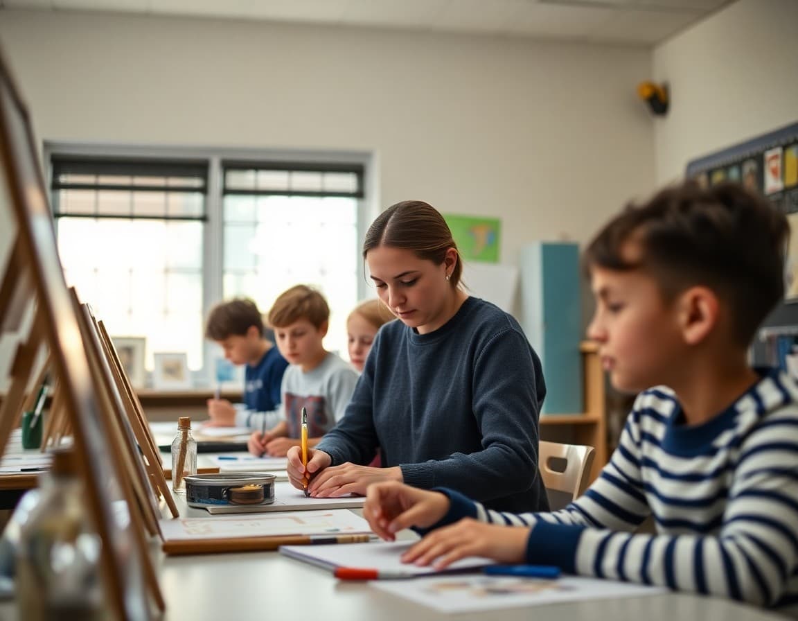 Art teacher and students working on colonial American arts project in Delaware school classroom