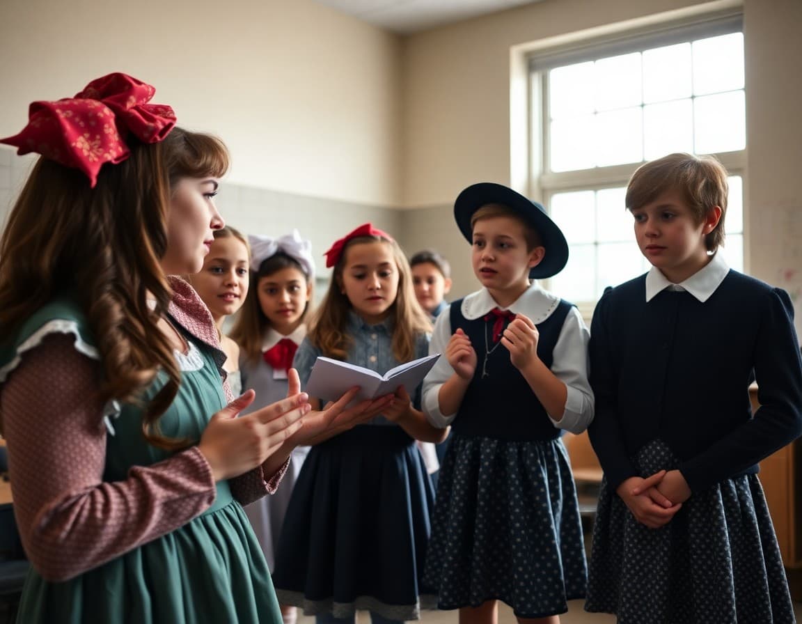 Drama club students in costume rehearsing dialogue for school theater production