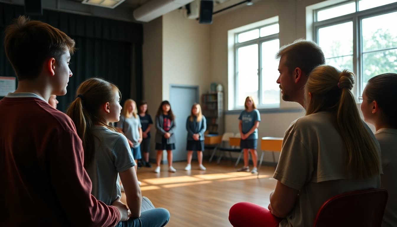 Drama club students rehearsing school play with director blocking a scene on stage
