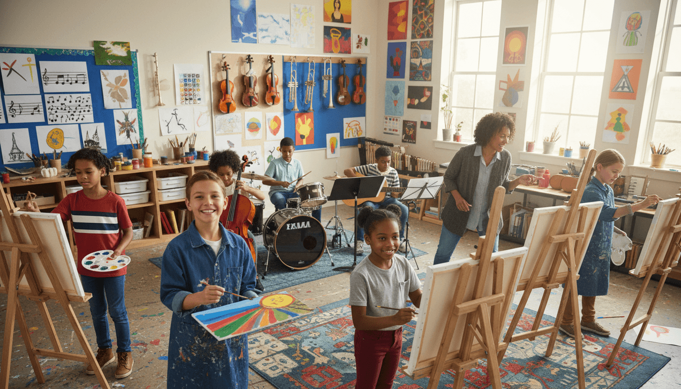 Elementary students sitting in a circle in music class with rhythm instruments, singing together with their teacher