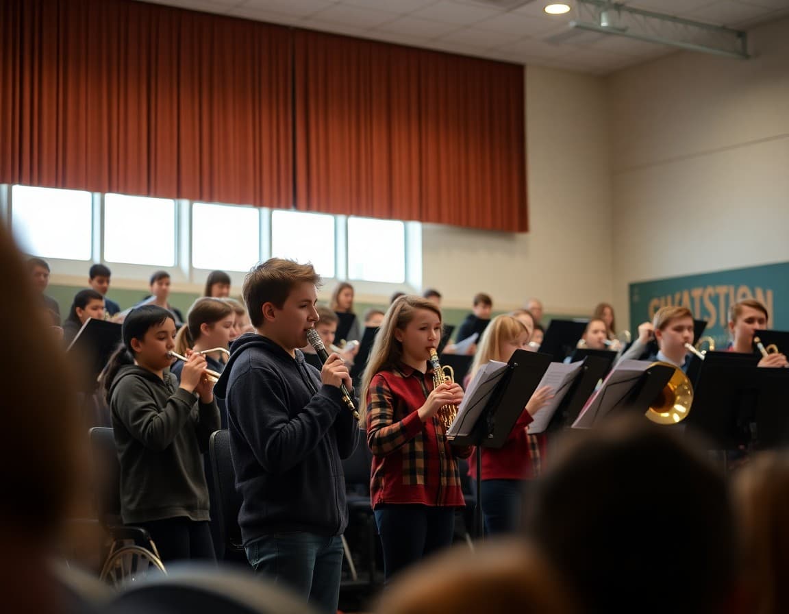 Concert band students on stage at school fall concert opening performance