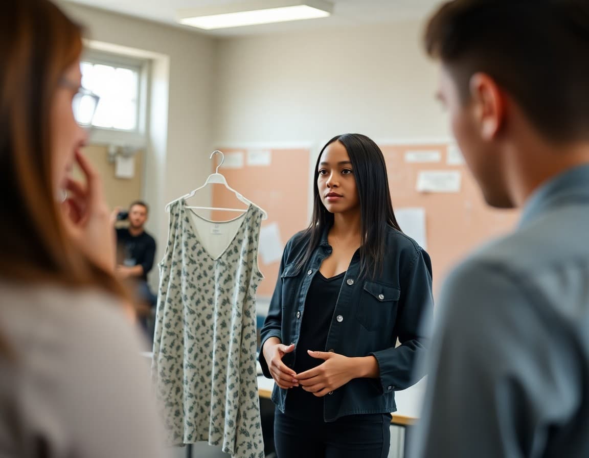 High school fashion design student presenting finished garment project to class