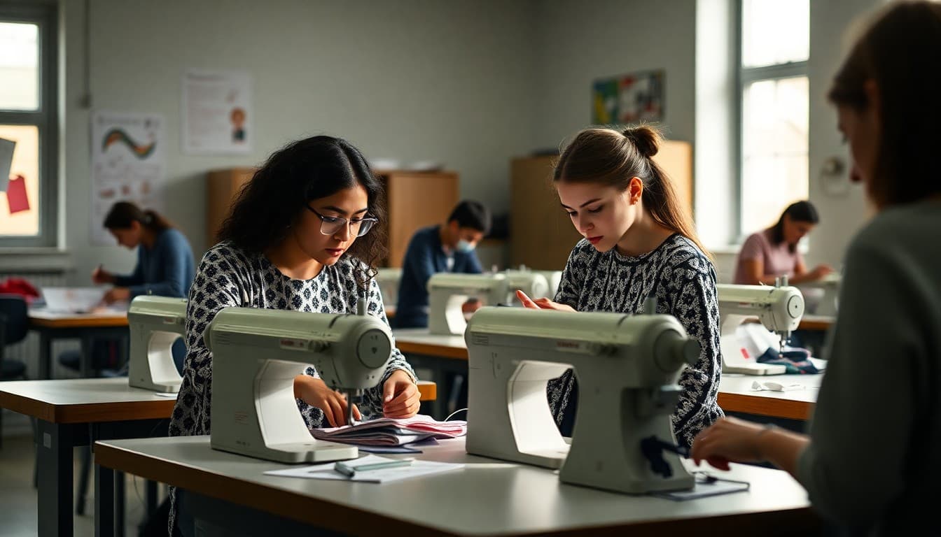 Fashion design students working on sewing projects in a school textile arts classroom