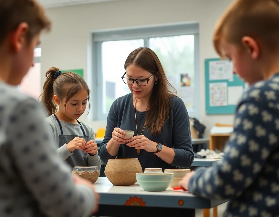 Art teacher showing students technique during February ceramics or mixed media unit