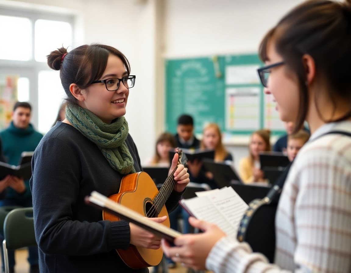 Music teacher giving individual feedback to student in February rehearsal