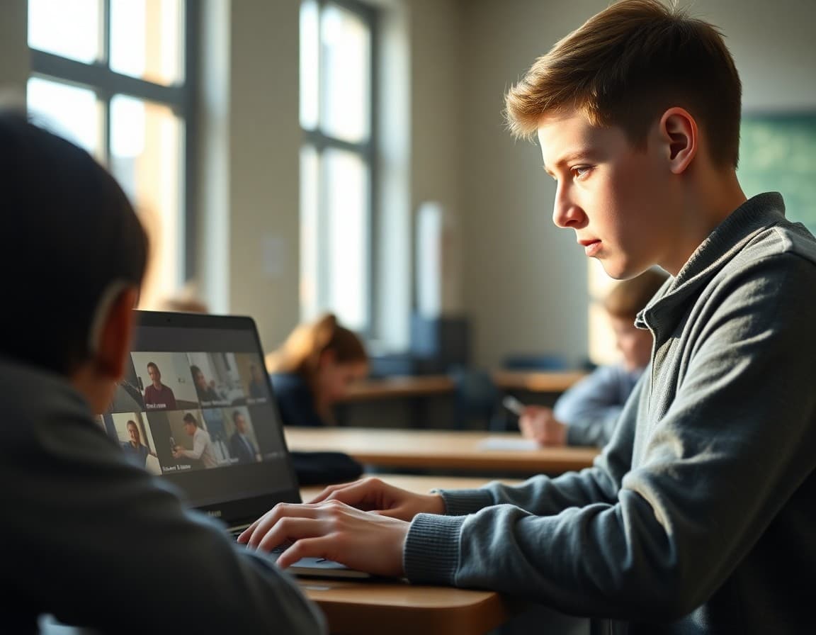 Film class student reviewing footage on laptop during school film production editing