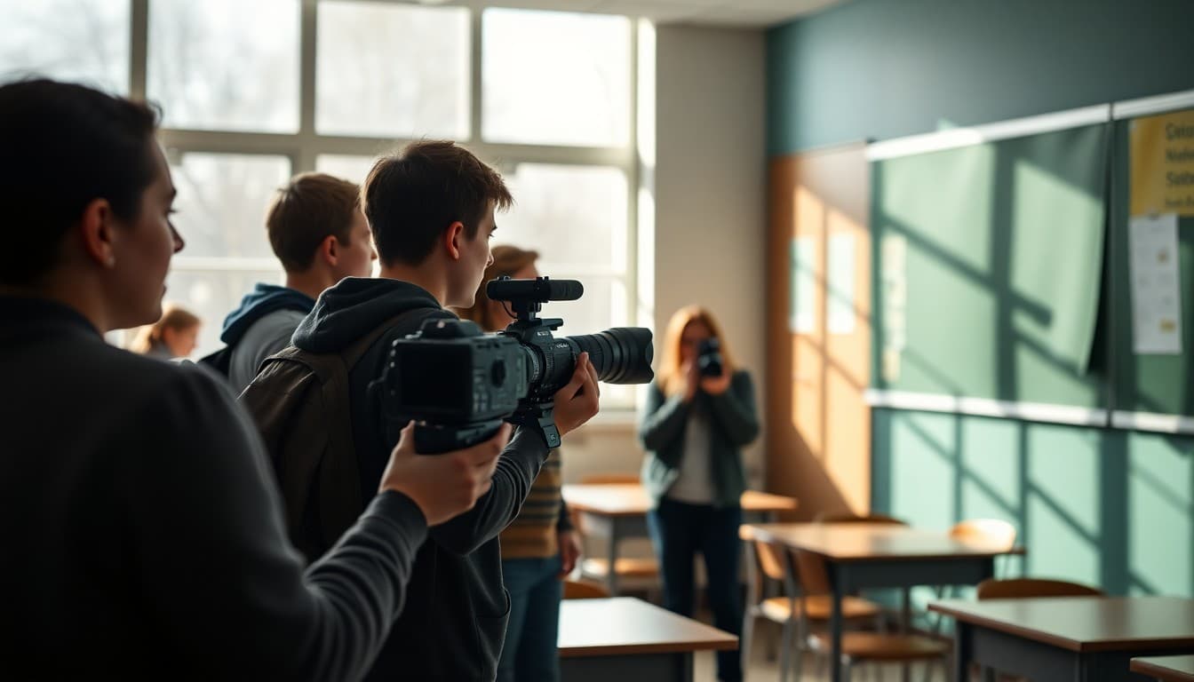 Film class students directing and filming school movie project on location