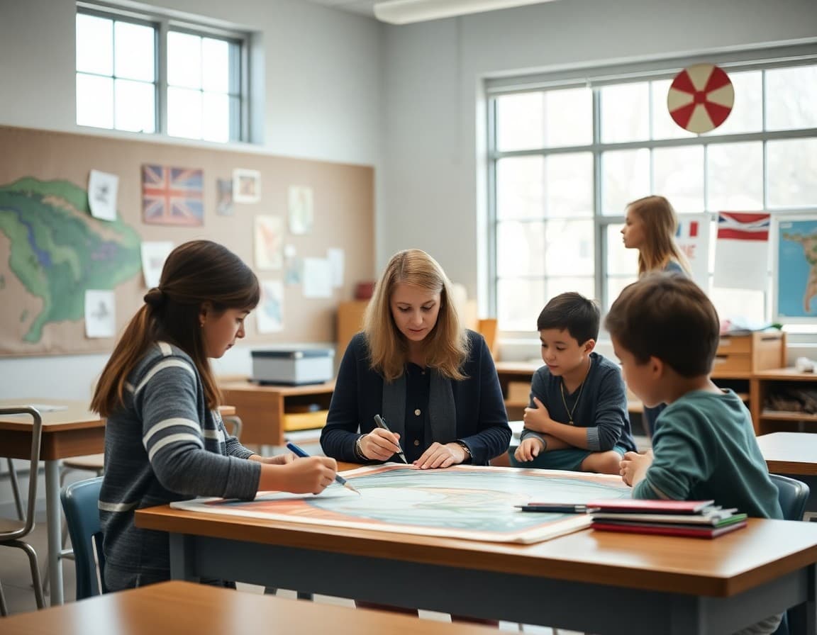 Art teacher and students working on Southern living arts project in Georgia school classroom