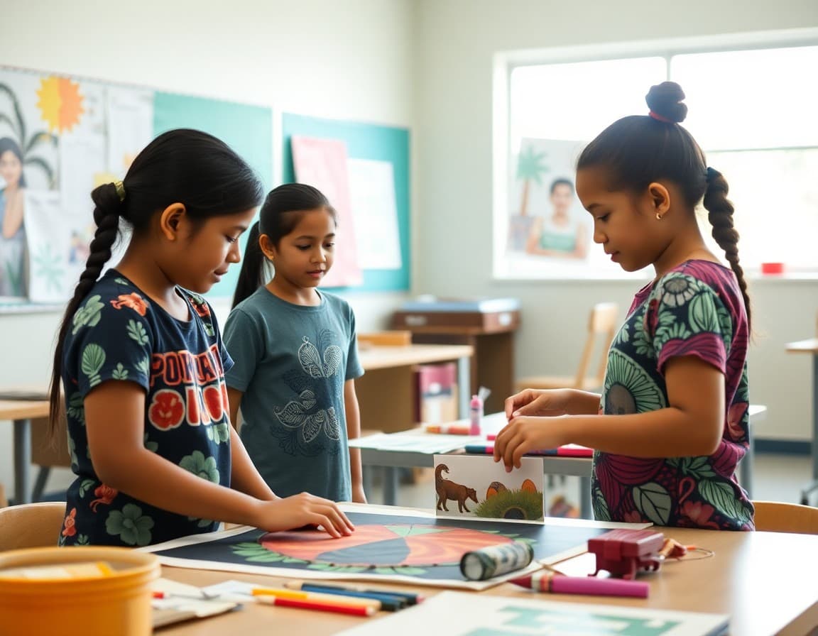 Art teacher and students working on Pacific Island arts project in Hawaii school classroom