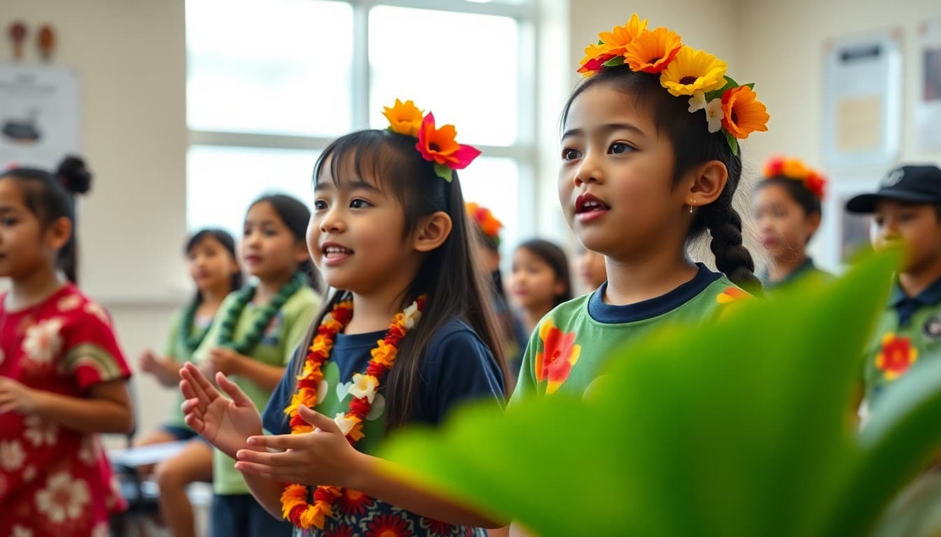 Hawaii school students performing in arts program with local cultural elements