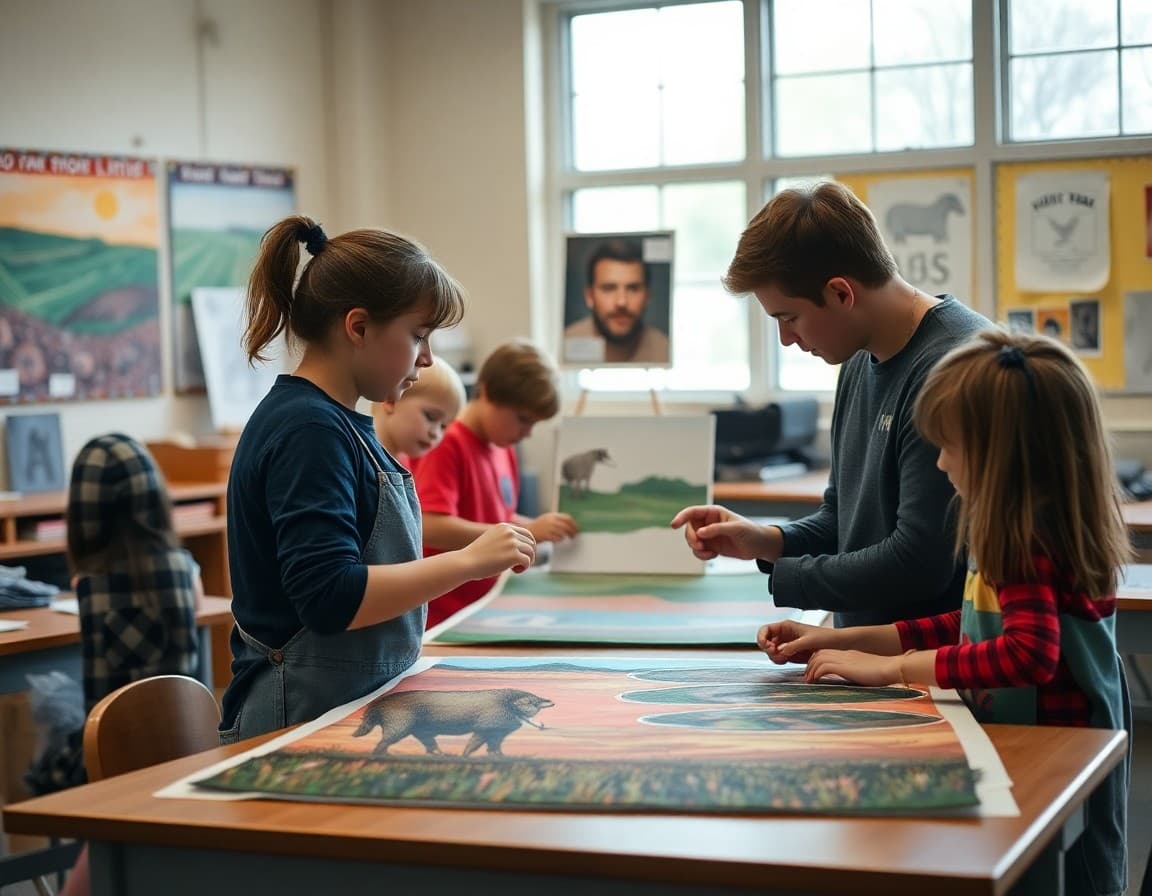 Art teacher and students working on agricultural heartland arts project in Iowa school classroom