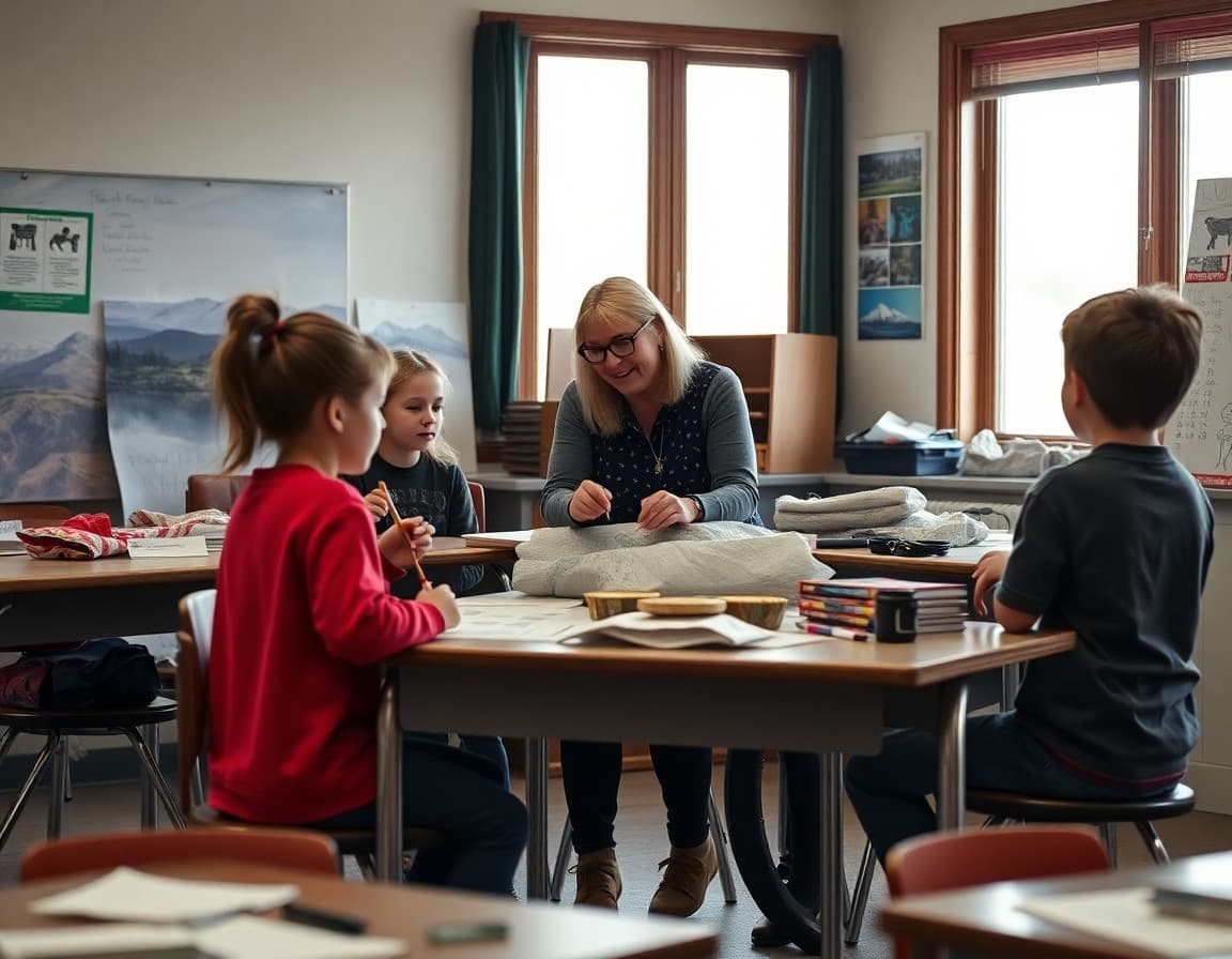 Art teacher and students working on mountain West arts project in Idaho school classroom