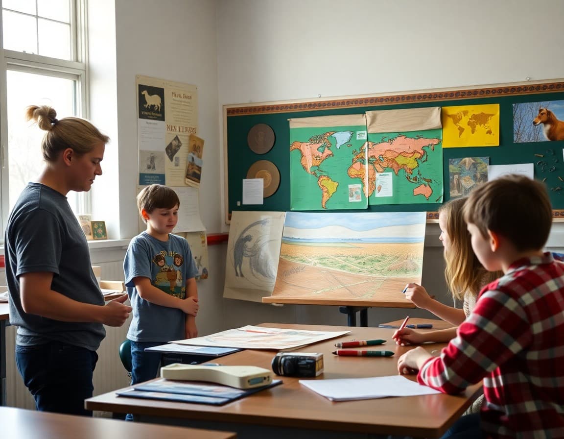 Art teacher and students working on Midwestern urban and rural arts project in Illinois school classroom