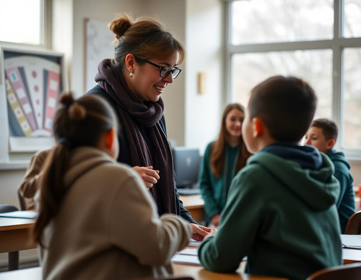 Art teacher introducing new winter semester unit to students in January art class